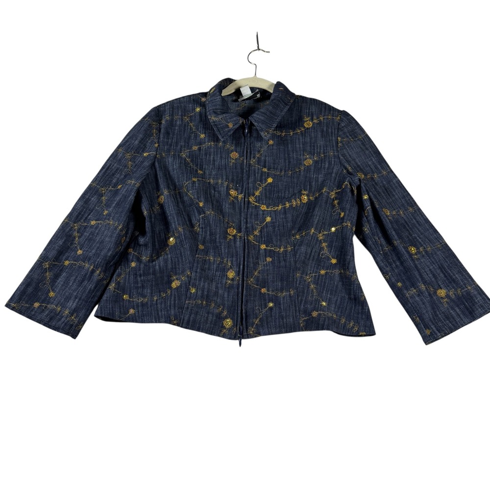 Joseph Ribkoff Vintage Blue Floral Embroidered Sequin Zip Up Jacket Size 14